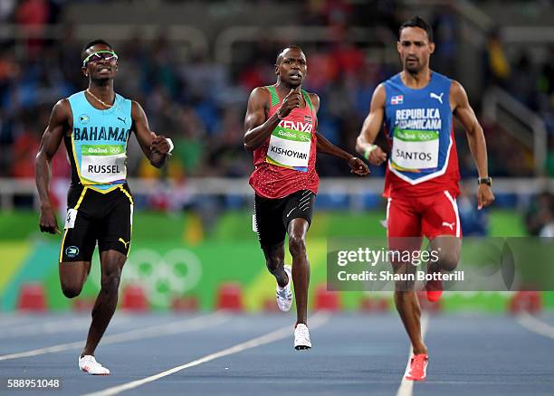 Alphas Leken Kishoyian of Kenya and Alonzo Russell of the Bahamas compete in the Men's 400m Round 1 on Day 7 of the Rio 2016 Olympic Games at the...