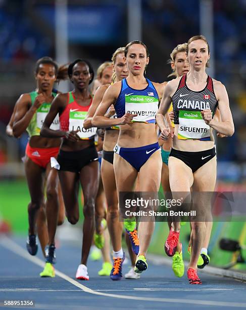 Nicole Sifuentes of Canada and Shannon Rowbury of the United States compete in round one of the Women's 1500 metres on Day 7 of the Rio 2016 Olympic...