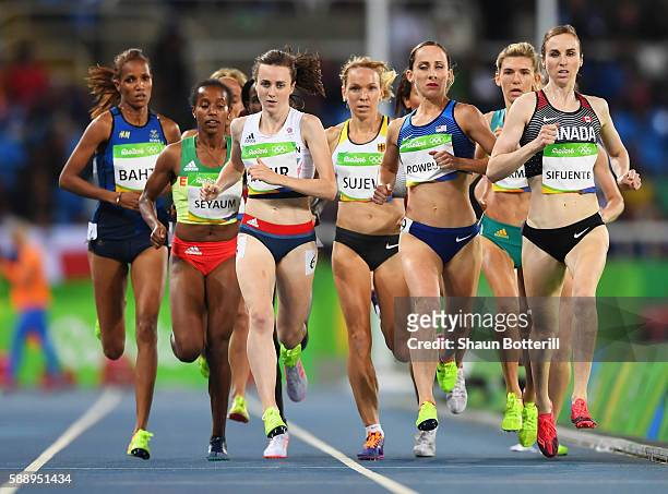Laura Muir of Great Britain, Nicole Sifuentes of Canada and Shannon Rowbury of the United States compete in round one of the Women's 1500 metres on...