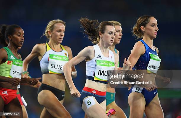 Laura Muir of Great Britain and Shannon Rowbury of the United States compete in round one of the Women's 1500 metres on Day 7 of the Rio 2016 Olympic...