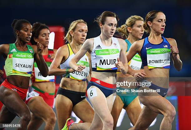 Laura Muir of Great Britain and Shannon Rowbury of the United States compete in round one of the Women's 1500 metres on Day 7 of the Rio 2016 Olympic...