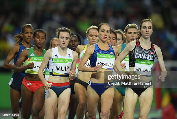 Laura Muir of Great Britain, Nicole Sifuentes of Canada and Shannon Rowbury of the United States compete in round one of the Women's 1500 metres on...