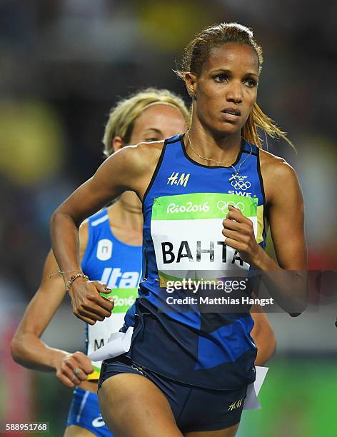 Meraf Bahta of Sweden competes in round one of the Women's 1500 metres on Day 7 of the Rio 2016 Olympic Games at the Olympic Stadium on August 12,...