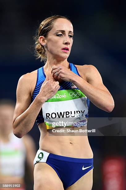 Shannon Rowbury of the United States reacts after competing in round one of the Women's 1500 metres on Day 7 of the Rio 2016 Olympic Games at the...