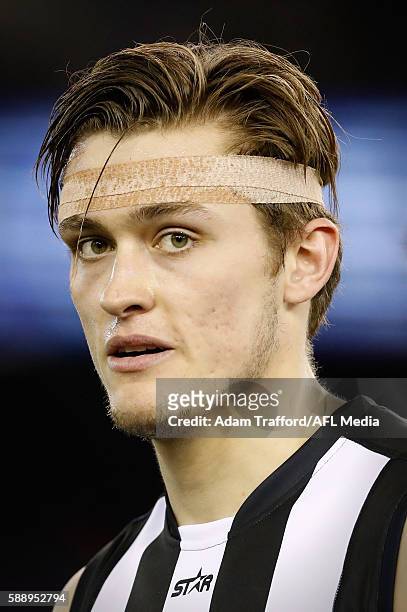 Darcy Moore of the Magpies looks on during the 2016 AFL Round 21 match between the Western Bulldogs and the Collingwood Magpies at Etihad Stadium on...