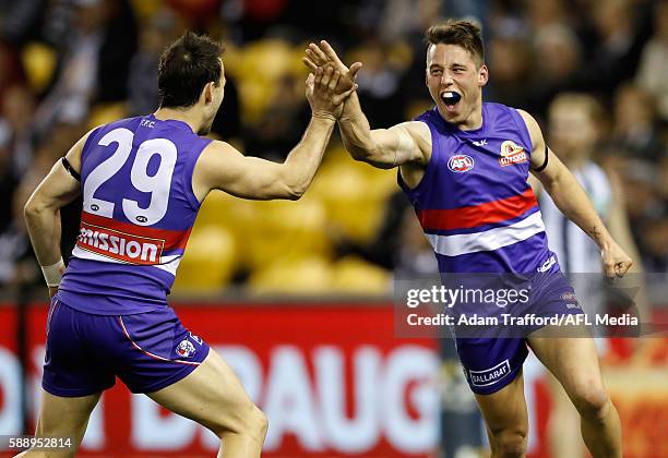 Nathan Hrovat of the Bulldogs celebrates a goal with Tory Dickson of the Bulldogs during the 2016 AFL Round 21 match between the Western Bulldogs and...