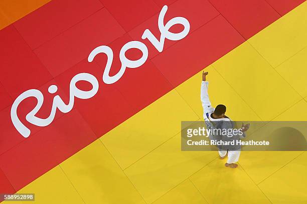 Bronze medalist Rafael Silva of Brazil celebrates after defeating Abdullo Tangriev of Uzbekistan during the Men's +100kg Judo contest on Day 7 of the...