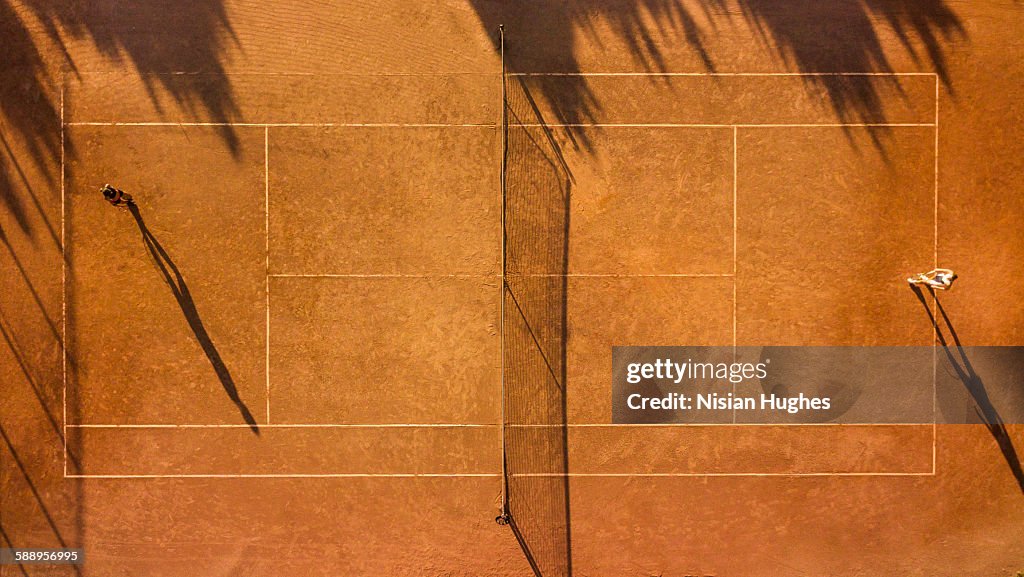 Overhead shot of tennis players on tennis court