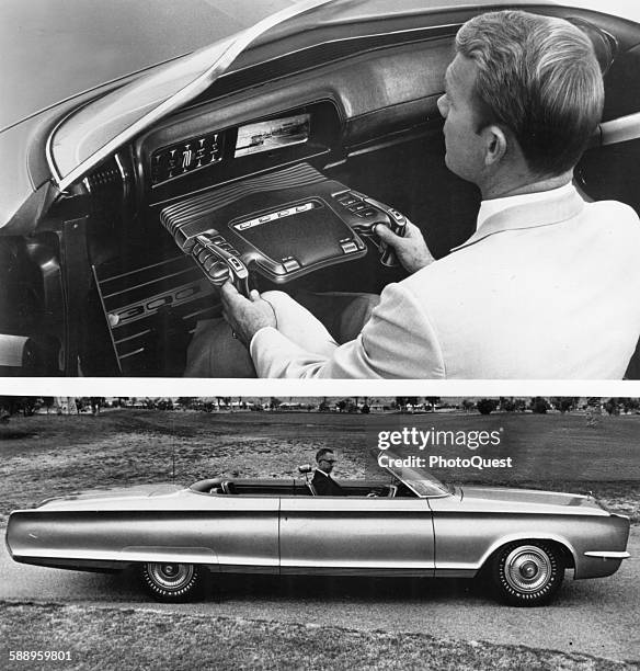 Two views of the Chrysler 300X, an experimenetal car, 1966. The top view shows a steering pod and handgrips and a dashboard mounted screen that shows...