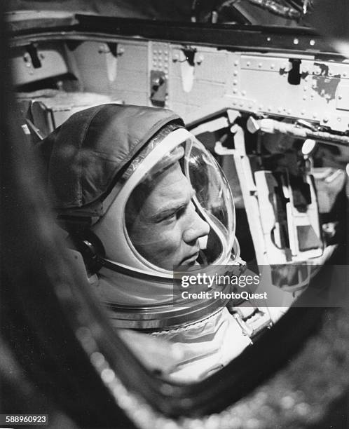 View of American astronaut Edwin 'Buzz' Aldrin in a Gemini 12 space capsule craft during a simulation, Cape Kennedy, Florida, November 1966.