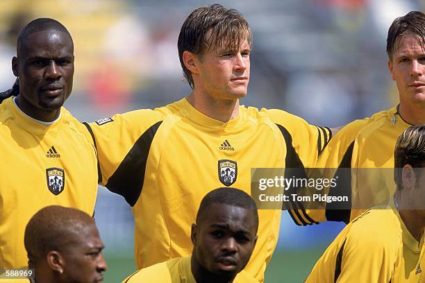 Brian McBride of the Columbus Crew poses with his teammates for a team photo before the game against the Los Angeles Galaxy at Crew Stadium in...