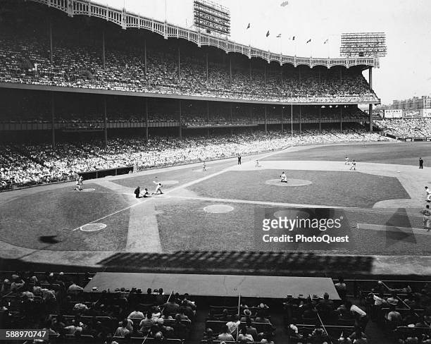 View of the Diamond at Yankee Stadium during a game between the New York Yankees and the Chicago White Sox, New York, New York, 1951.