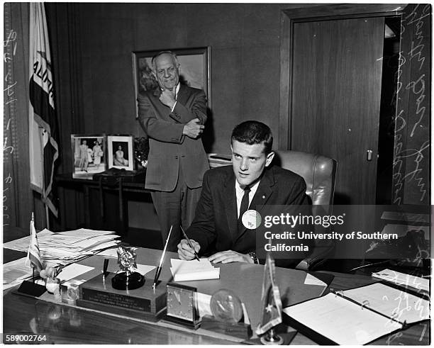 Leader from Southern California arriving Sacramento Legislature, John Whitman , Robb Evans , Jan Panberry , Governor Goodwin Knight, Sandra Murray ,...