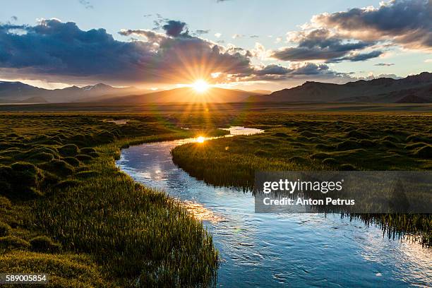 mountain river at sunset - canada mountains stockfoto's en -beelden