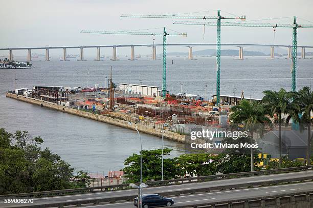 View from the New Rio Art Museum of the Guanabara Bay and construction of the Museum of Tomorrow on Maua Pier, designed by Spanish architect Santiago...