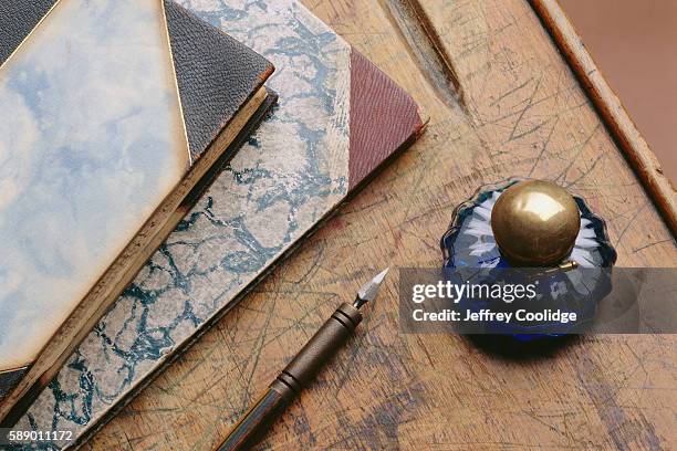 notebooks, fountain pen and inkwell - blue fountain pen stock pictures, royalty-free photos & images