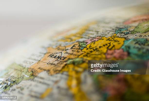 france and germany on globe - european map stock-fotos und bilder