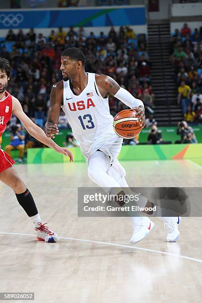 Paul George of the USA Basketball Men's National Team handles the ball against Serbia on Day 7 of the Rio 2016 Olympic Games at Carioca Arena 1 on...