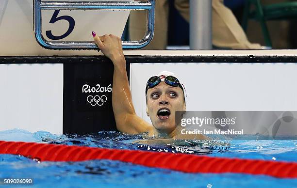 Hilary Caldwell of Canada celebrates third place in the Women's 200m Backstroke on Day 7 of the Rio 2016 Olympic Games at the Olympic Aquatics...