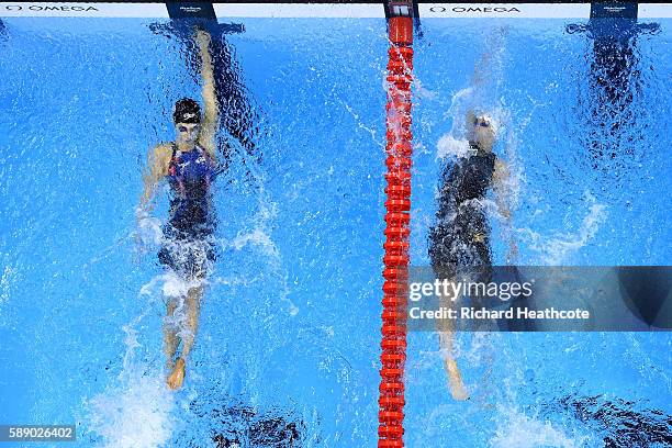 Madeline Dirado of the United States beats Katinka Hosszu of Hungary in the Women's 200m Backstroke Final on Day 7 of the Rio 2016 Olympic Games at...