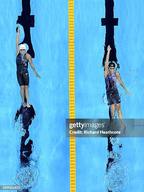 Madeline Dirado of the United States and Katinka Hosszu of Hungary compete in the Women's 200m Backstroke Final on Day 7 of the Rio 2016 Olympic...