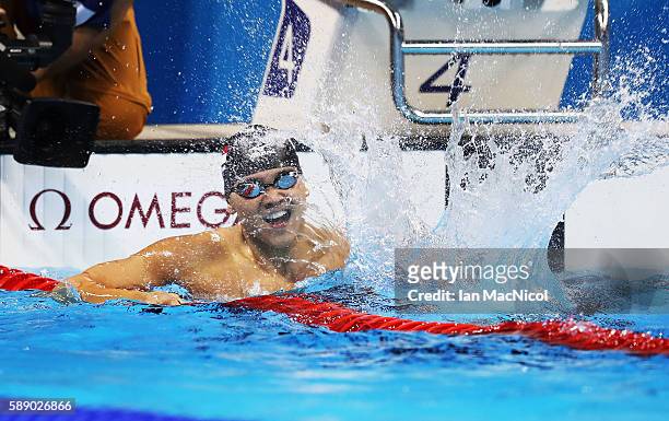 Joseph Schooling of Singapore celebrates winning the Men's 100m Butterfly on Day 7 of the Rio 2016 Olympic Games at the Olympic Aquatics Stadium on...