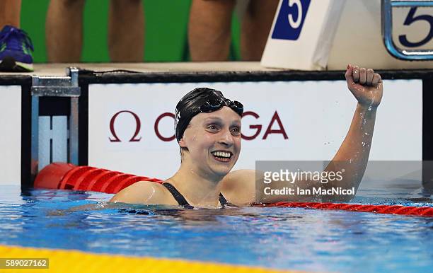 Katie Ledecky of United States celebrates winning the women's 800m Freestyle on Day 7 of the Rio 2016 Olympic Games at the Olympic Aquatics Stadium...