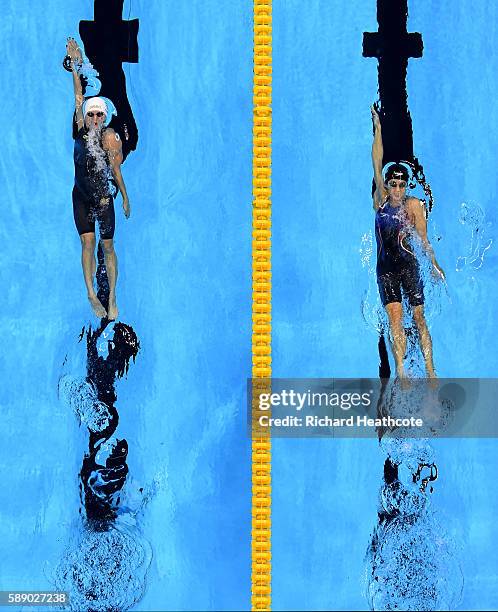Madeline Dirado of the United States and Katinka Hosszu of Hungary compete in the Women's 200m Backstroke Final on Day 7 of the Rio 2016 Olympic...
