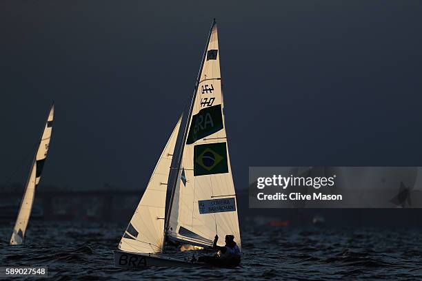 Fernanda Oliveira of Brazil and Ana Luiza Barbachan of Brazil compete in the Women's 470 class on Day 7 of the Rio 2016 Olympic Games at Marina da...