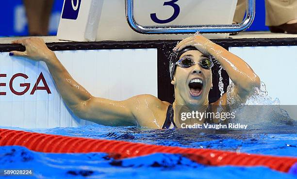 Maya Dirado of the USA wins Gold in the Women's 200m Backstroke Final on Day 7 of the Rio 2016 Olympic Games at the Olympic Aquatics Stadium on...