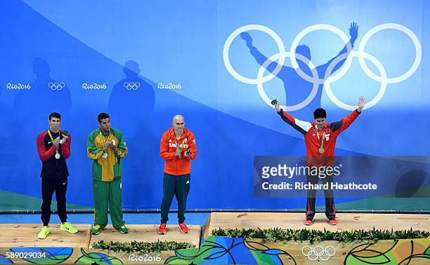 Joint silver medalists, Michael Phelps of United States, Chad Guy Bertrand le Clos of South Africa, Laszlo Cseh of Hungary and gold medalist Joseph...