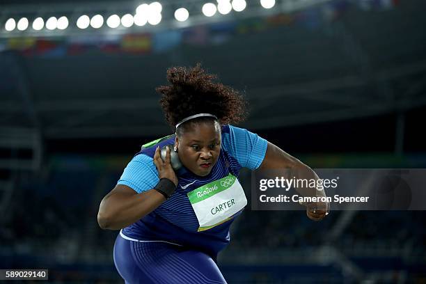 Michelle Carter of the United States competes in the Women's Shot Put Final on Day 7 of the Rio 2016 Olympic Games at the Olympic Stadium on August...
