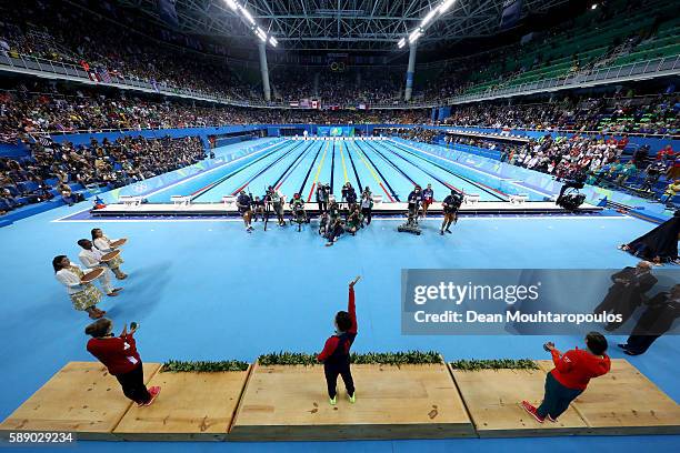 Silver medalist Katinka Hosszu of Hungary, gold medalist Madeline Dirado of the United States and bronze medalist Hilary Caldwell of Canada pose on...