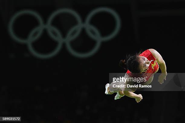 Wenna He of China competes during the Trampoline Gymnastics Women's Qualification on Day 7 of the Rio 2016 Olympic Games at the Rio Olympic Arena on...