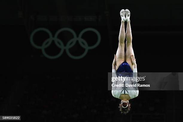 Bryony Page of Great Britain competes during the Trampoline Gymnastics Women's Qualification on Day 7 of the Rio 2016 Olympic Games at the Rio...