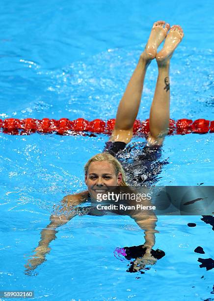 Pernille Blume of Denmark reacts after finishing first in the second Semifinal of the Women's 50m Freestyle on Day 7 of the Rio 2016 Olympic Games at...