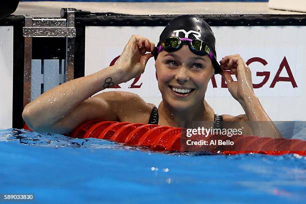 Pernille Blume of Denmark reacts after finishing first in the second Semifinal of the Women's 50m Freestyle on Day 7 of the Rio 2016 Olympic Games at...