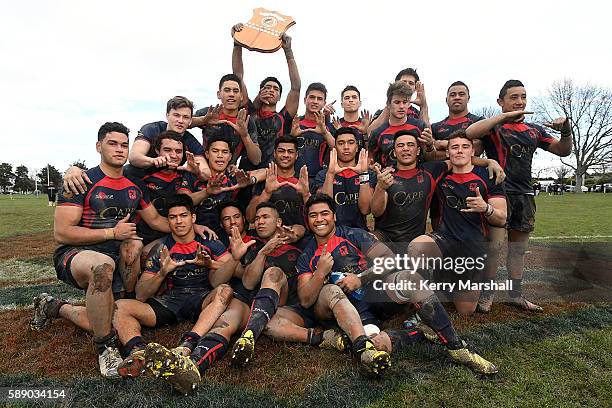 Hastings Boys High School celebrate following their win in the Super Eight 1st XV Final match between Hastings Boys High and Hamilton Boys High at...