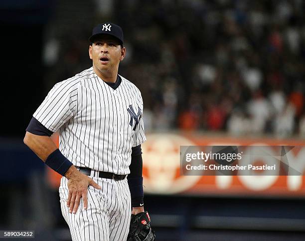 Alex Rodriguez of the New York Yankees takes the field for the top of the ninth inning against the Tampa Bay Rays on August 12, 2016 at Yankee...