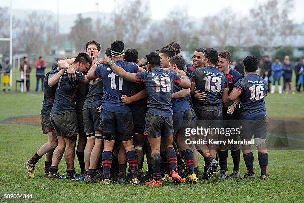 Hastings Boys High School celebrate the final whistle in the Super Eight 1st XV Final match between Hastings Boys High and Hamilton Boys High at...