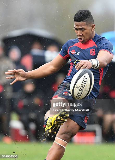 Danny Toala of Hastings Boys High School kicks during the Super Eight 1st XV Final match between Hastings Boys High and Hamilton Boys High at...