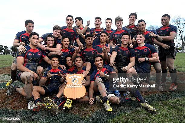 Hastings Boys High School celebrate following their win in the Super Eight 1st XV Final match between Hastings Boys High and Hamilton Boys High at...