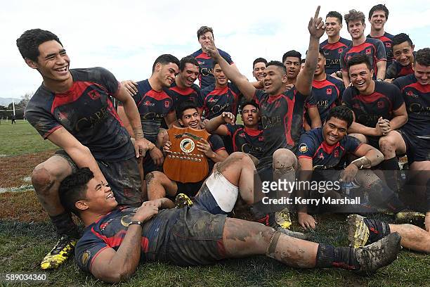 Hastings Boys High School celebrate following their win in the Super Eight 1st XV Final match between Hastings Boys High and Hamilton Boys High at...