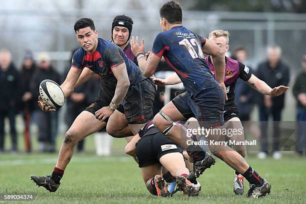 Hunta Marsh of Hastings Boys High School looks to pass during the Super Eight 1st XV Final match between Hastings Boys High and Hamilton Boys High at...