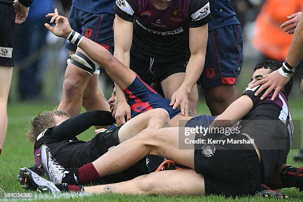 Lincoln McClutchie of Hastings Boys High School celebrates a try during the Super Eight 1st XV Final match between Hastings Boys High and Hamilton...