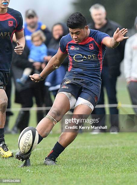 Danny Toala of Hastings Boys High School kicks a penalty during the Super Eight 1st XV Final match between Hastings Boys High and Hamilton Boys High...