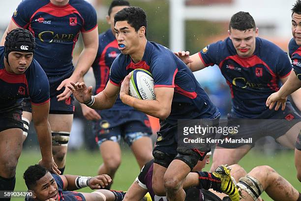 Tane Hohipa of Hastings Boys High School makes a break during the Super Eight 1st XV Final match between Hastings Boys High and Hamilton Boys High at...