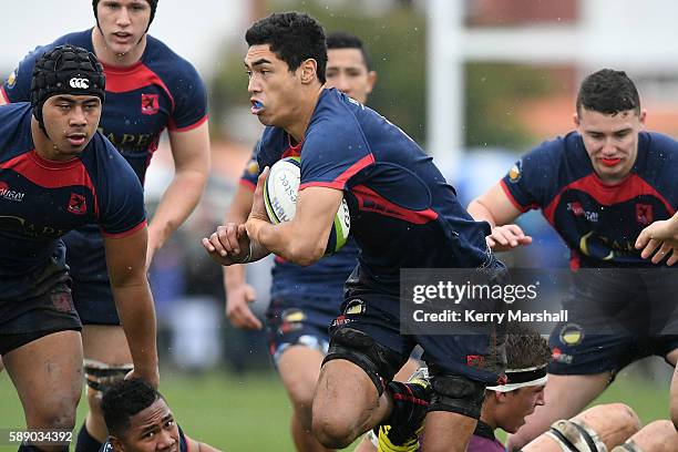 Tane Hohipa of Hastings Boys High School makes a break during the Super Eight 1st XV Final match between Hastings Boys High and Hamilton Boys High at...