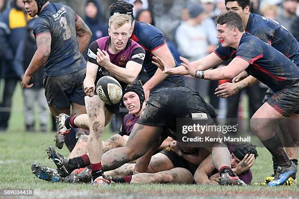 Sam Babb of Hamilton Boys High School clears from a ruck during the Super Eight 1st XV Final match between Hastings Boys High and Hamilton Boys High...