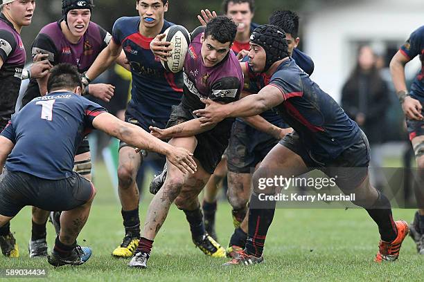 Joshua Moorby of Hamilton Boys High School looks for a gap during the Super Eight 1st XV Final match between Hastings Boys High and Hamilton Boys...